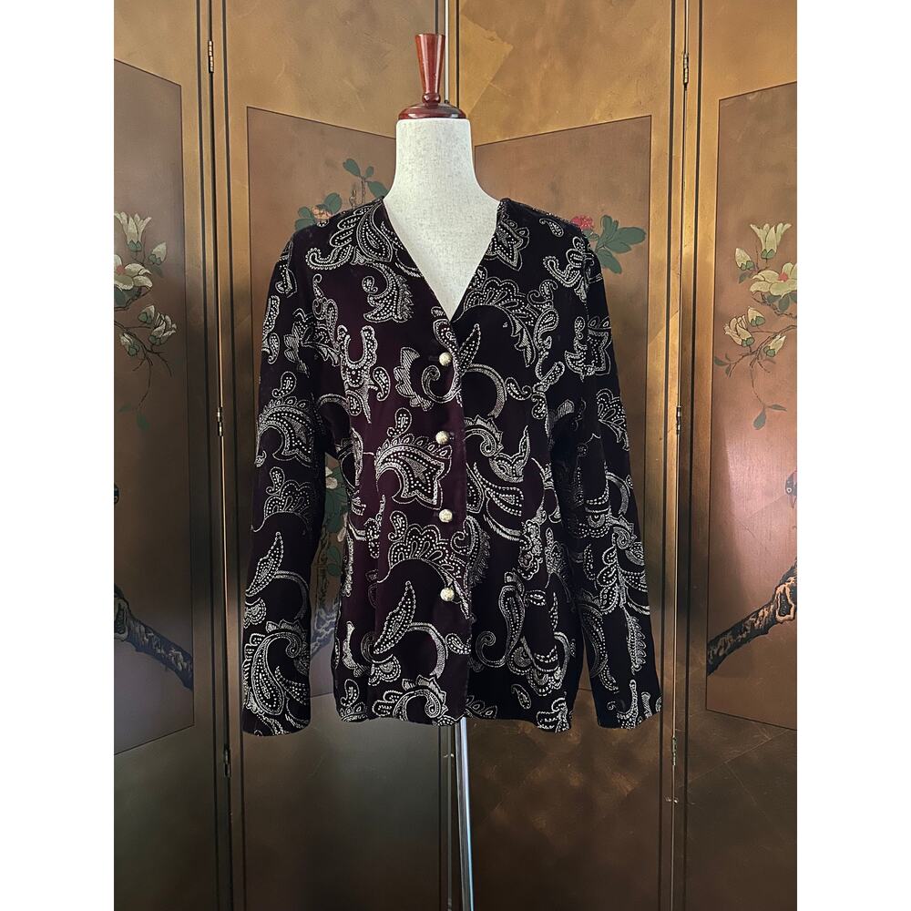 Black velvet-like jacket with glittery paisley prints, size 14